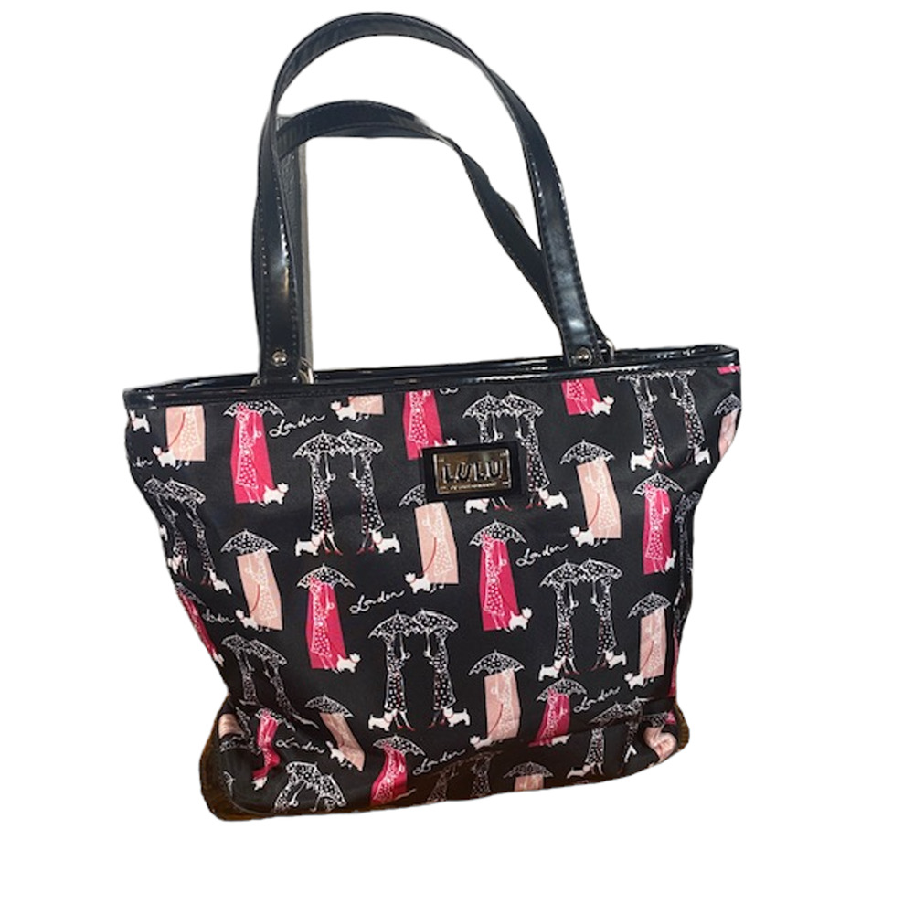 Lulu Guinness London Black Multicolor Scottie Dog Small Tote Shoulder Bag Women